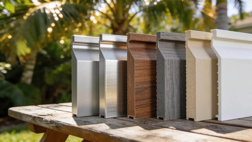 Samples of aluminum, composite, and vinyl materials ideal for Florida pergolas