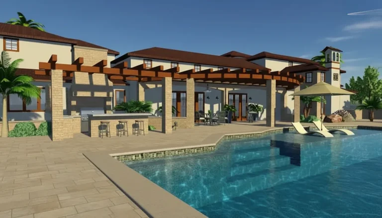 3D landscape rendering of a pool, pergola, and garden