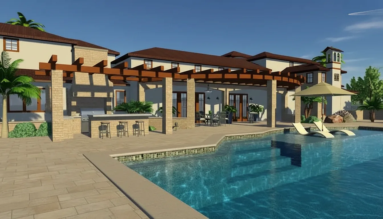 3D landscape rendering of a pool and pergola