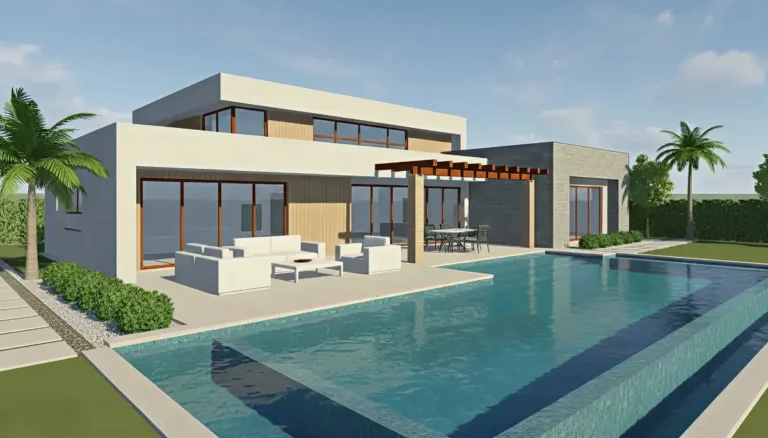 Photorealistic 3D rendering of a custom pool and modern home