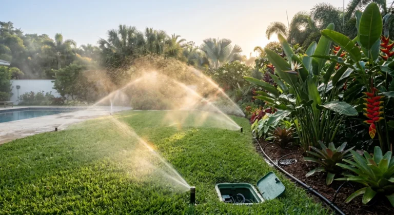 Irrigation system watering a new lawn and planting beds in South Florida