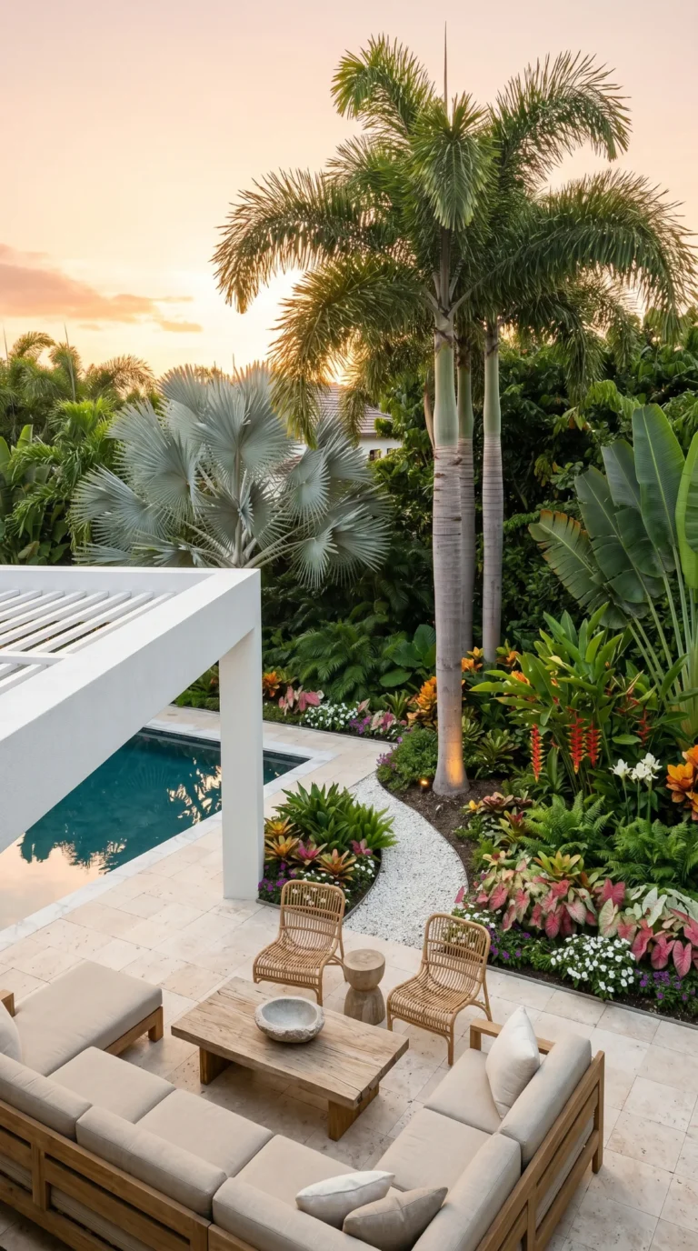 Tropical estate garden with palms and bromeliads installed by TotalScape Design in Fort Lauderdale, FL