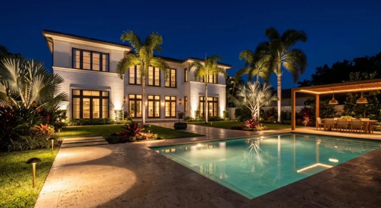 Landscape lighting illuminating palms and a pool at night in Fort Lauderdale