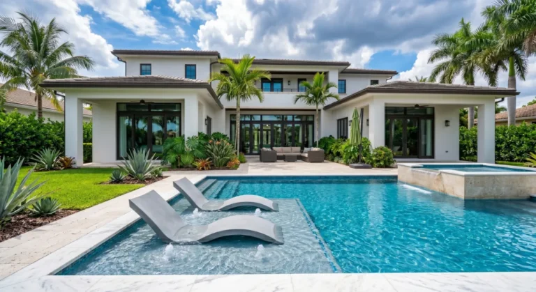 Luxury custom pool with sun loungers at a modern home in Fort Lauderdale, FL