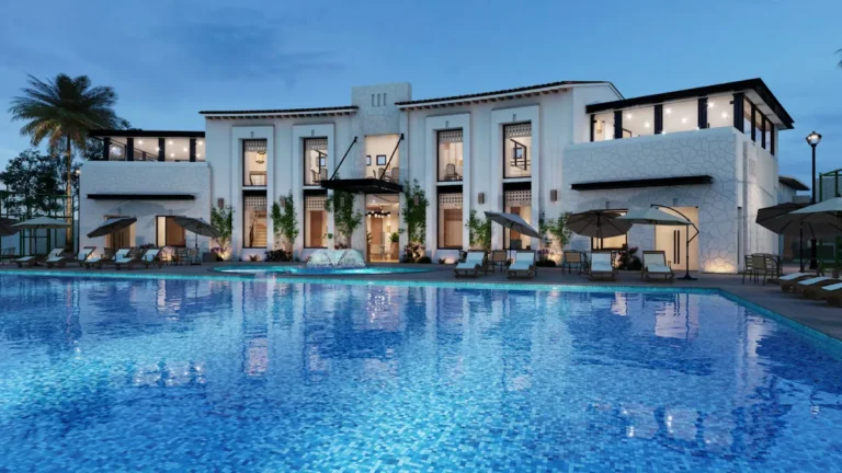 Large luxury estate pool at dusk in South Florida