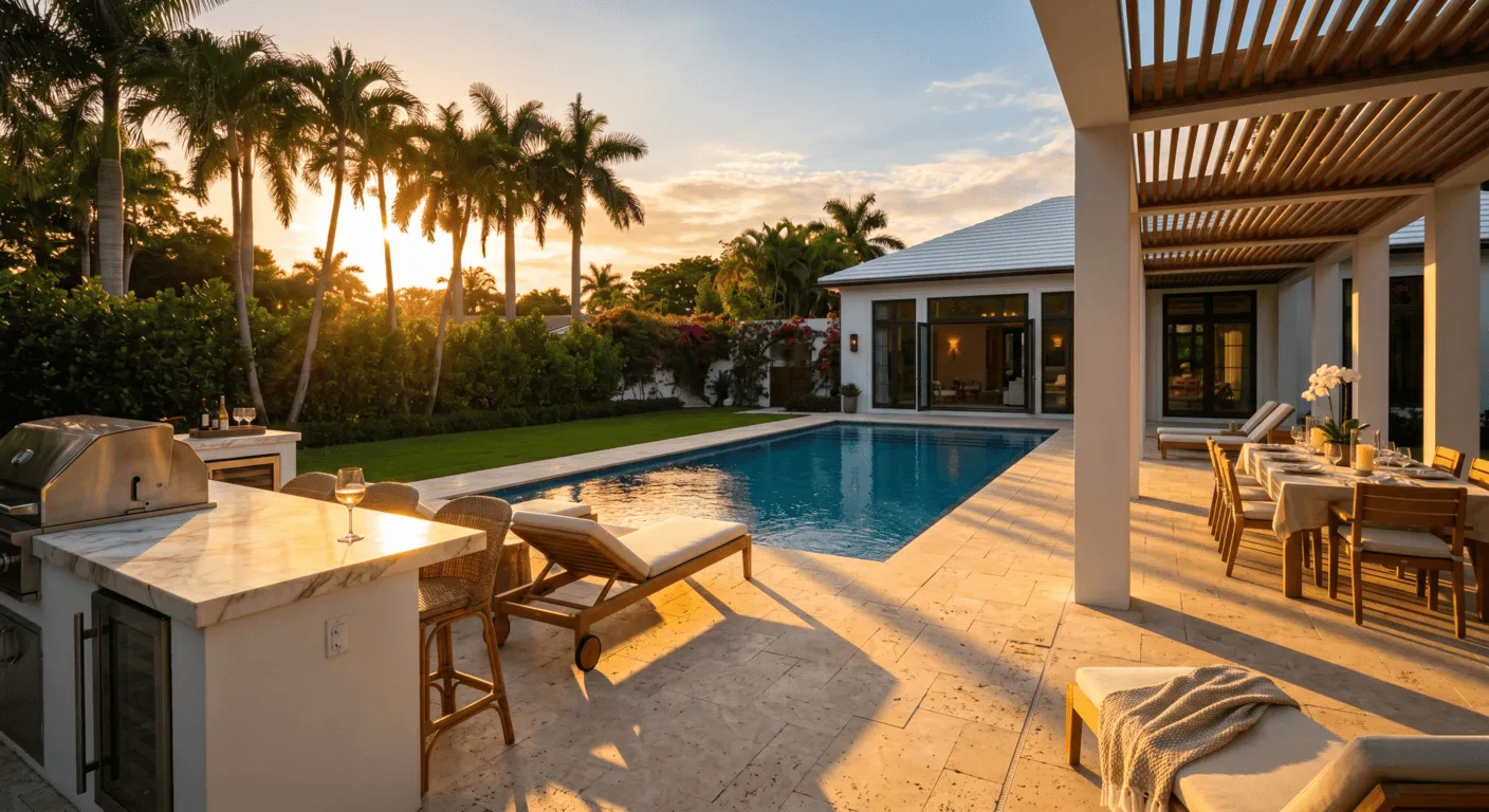 Luxury hardscaping in Fort Lauderdale, FL &ndash; travertine pool deck with pergola and outdoor living area