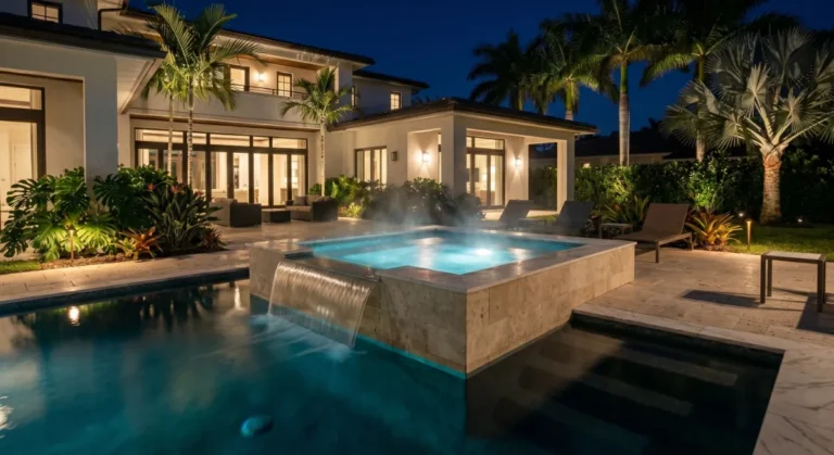Raised spa spilling into a custom pool at dusk in Fort Lauderdale