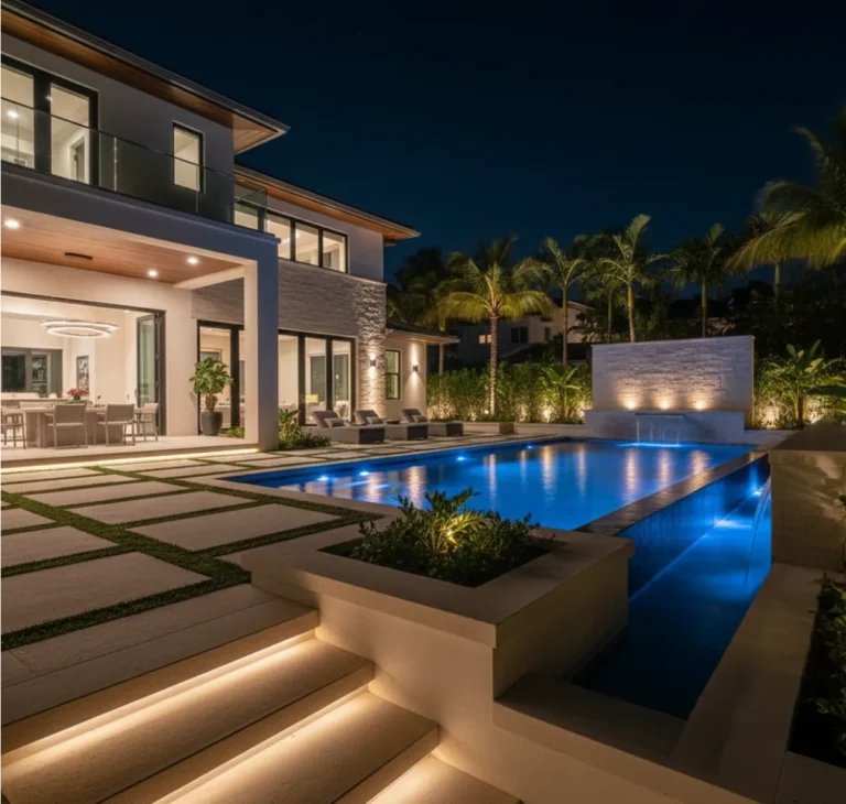 Resort-style pool with LED lighting and a sun shelf at night in Fort Lauderdale