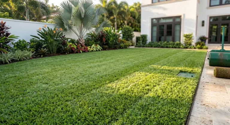 Fresh sod lawn installation beside a modern home in Fort Lauderdale