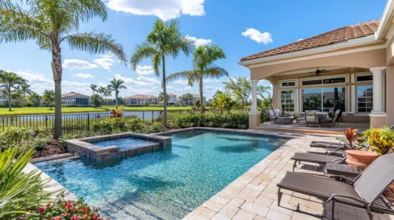 Tropical custom pool with spa and covered pavilion in South Florida